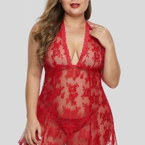 Red Open Back Floral Lace Lingerie - Picture 4 of 6